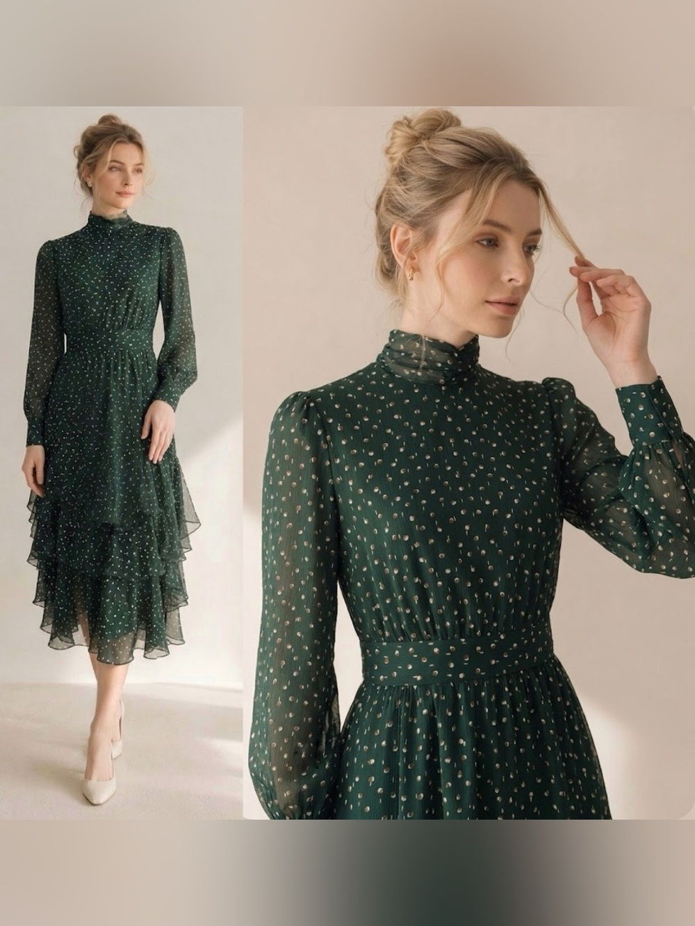 Sophie Marand Forest Green Tiered Midi Dress Size 2 High Neck Bishop Long Sleeve